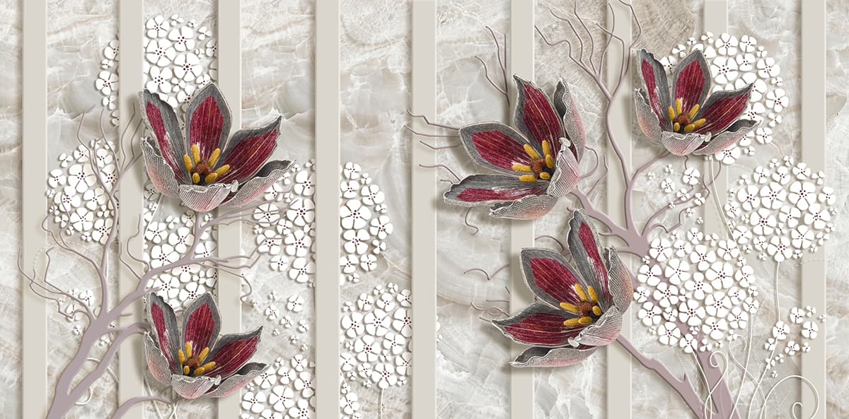 A wallpaper with flowers and white stripes pattern detail