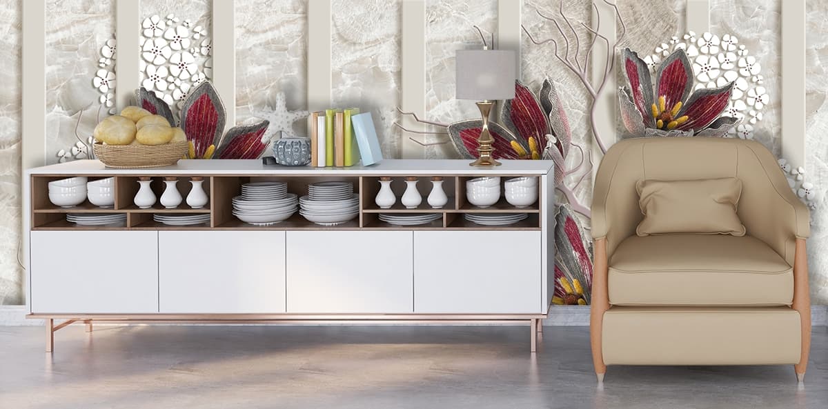 A wallpaper with flowers and white stripes shown in a room