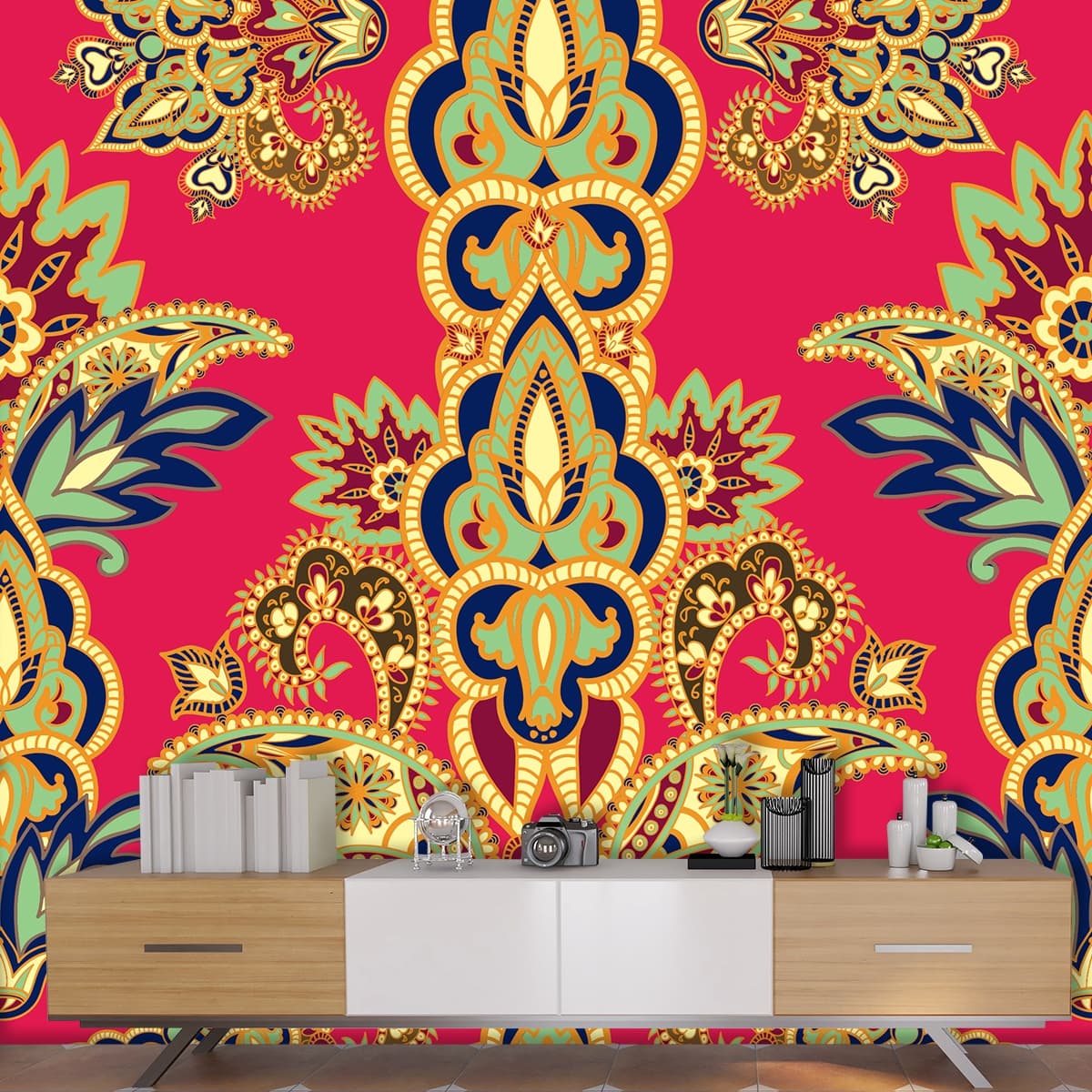 Elegant Paisley Pattern Red Background Art wallpaper shown in a room