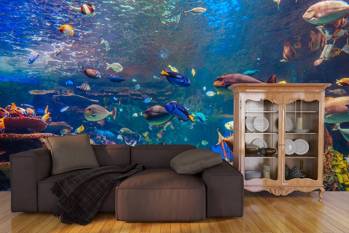 Deep Blue Marine Life Escape Wallpaper shown in a room