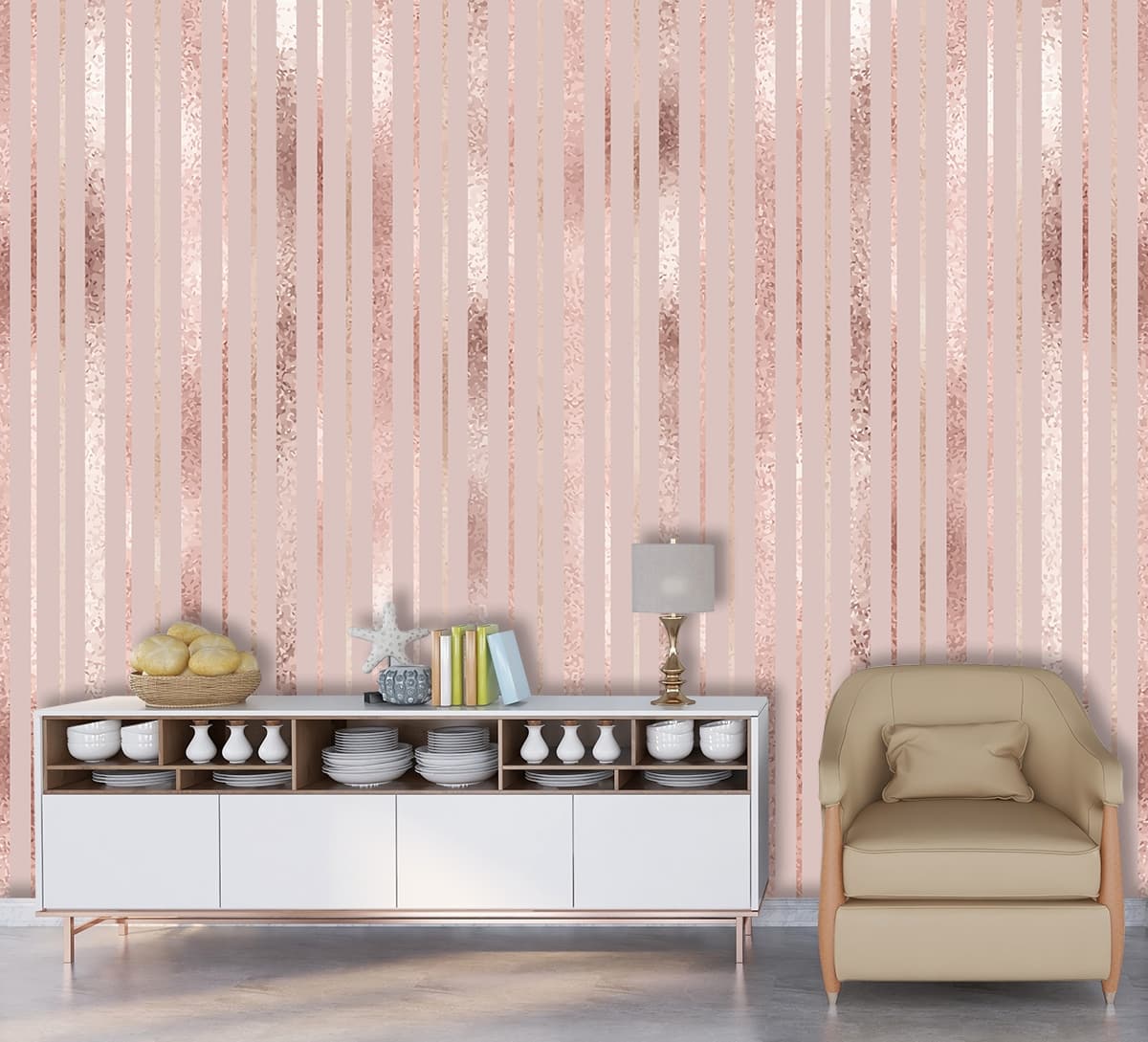 A pink and white striped background shown in a room