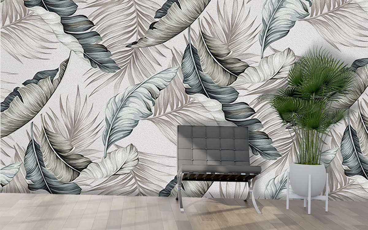 Aesthetic Beige Tone Leaves Wallpaper shown in a room