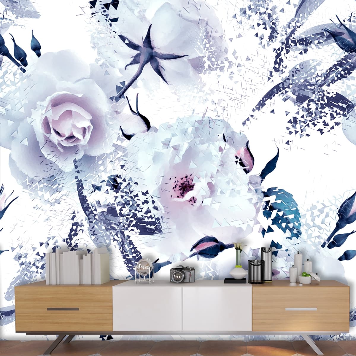 A white flowers and blue leaves shown in a room