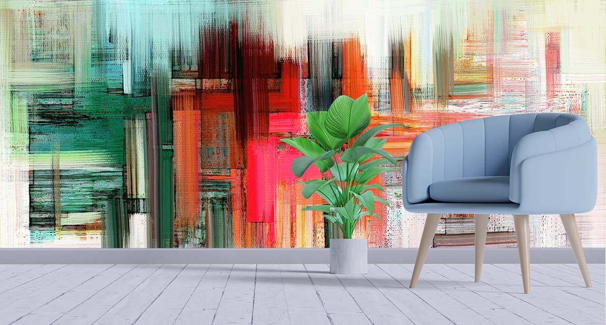 Modern City Painting with Vibrant Colors wallpaper shown in a room