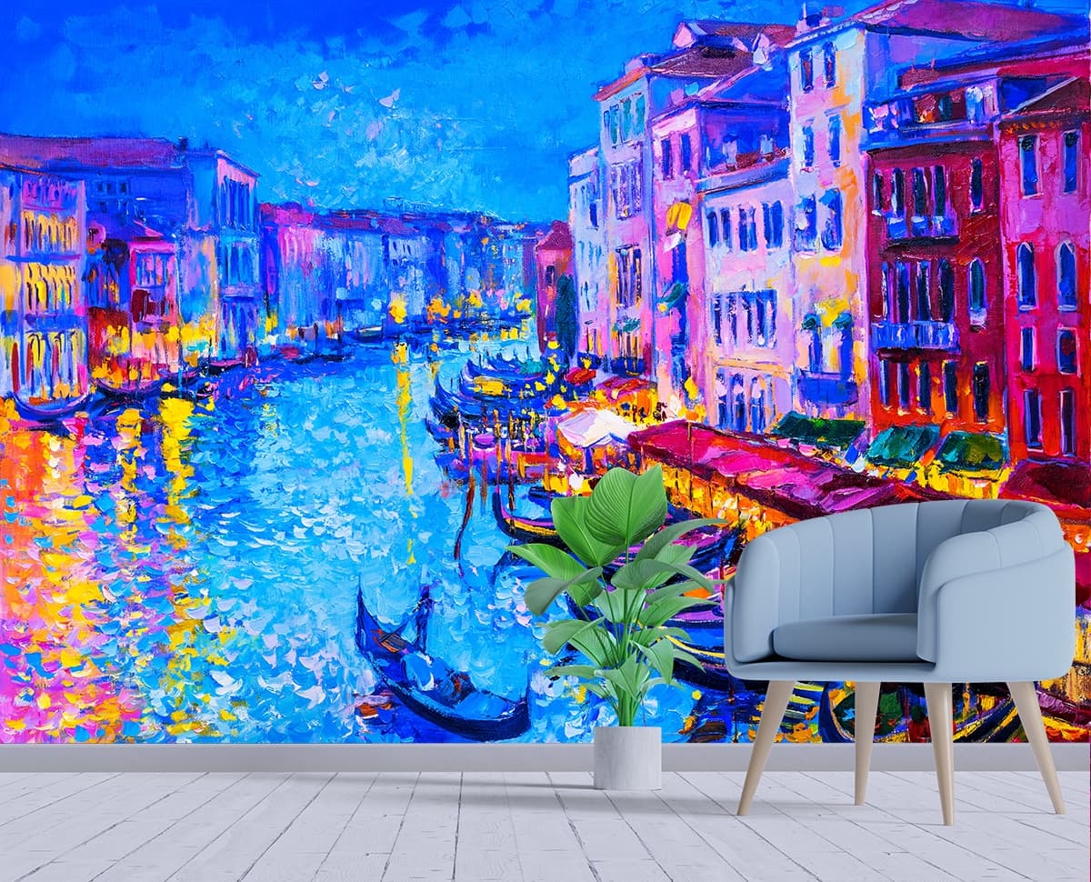 Premium Canal Landscape Painting Wall Decor Wallpaper shown in a room