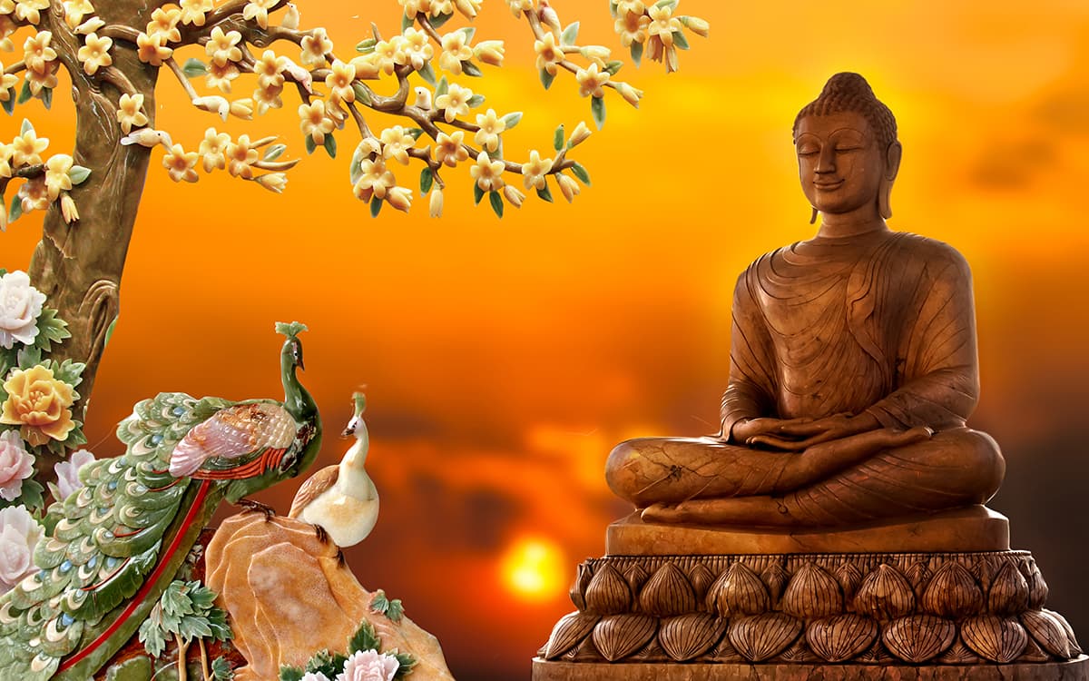 Buddha and Peacocks Spiritual Wall Mural Wallpaper pattern detail