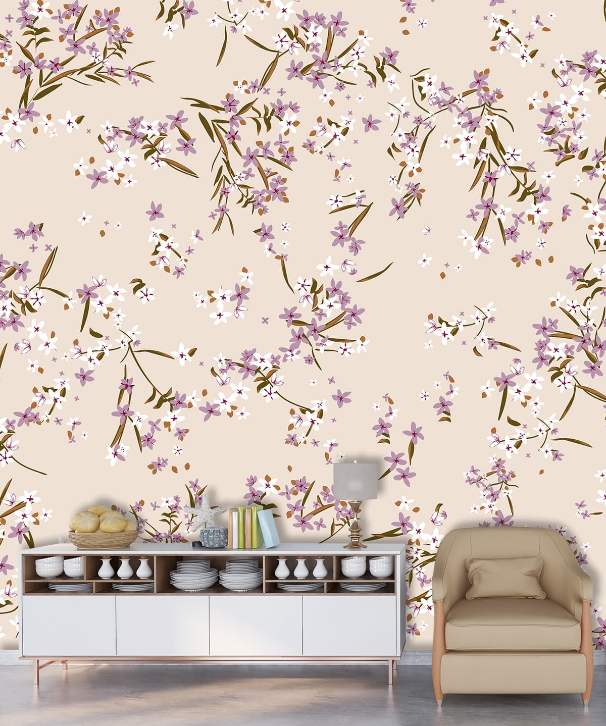 A Vinatge Wallpaper Pattern of Small Flowers for Walls shown in a room