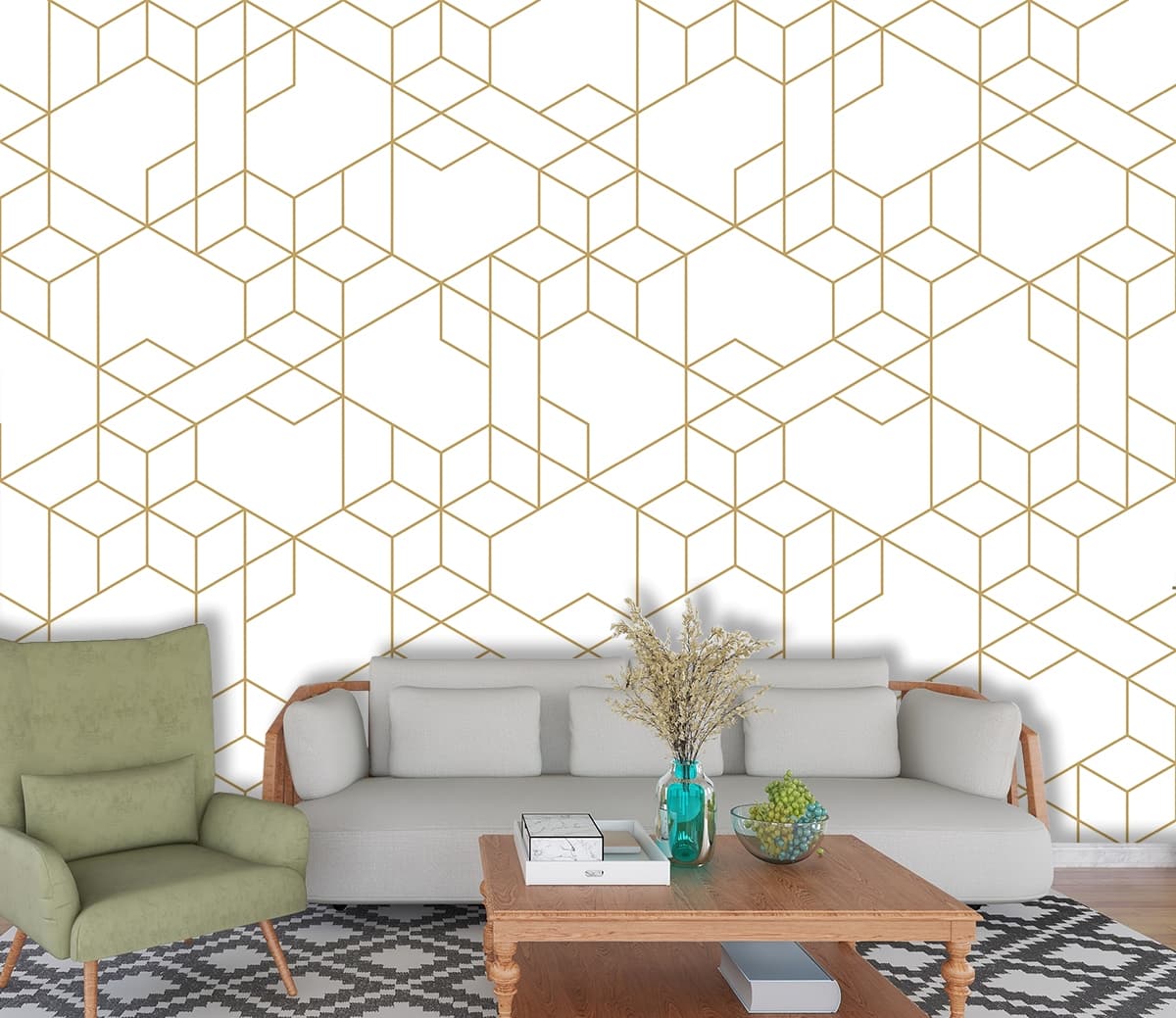 Modern Orange Line Pattern Wallpaper for Contemporary Wall Décor shown in a room