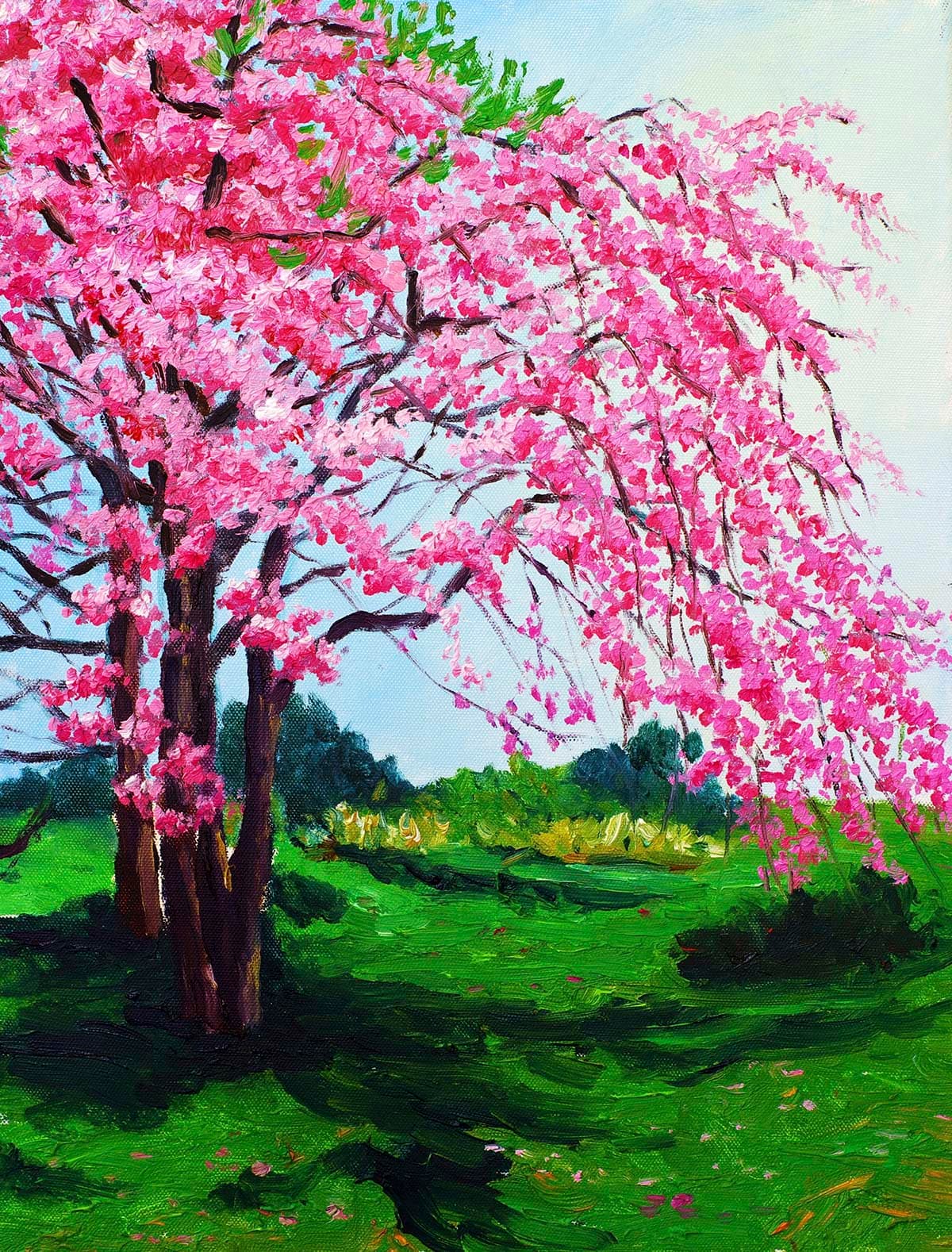 Tree with Pink Flowers Painting Scenic wallpaper pattern detail