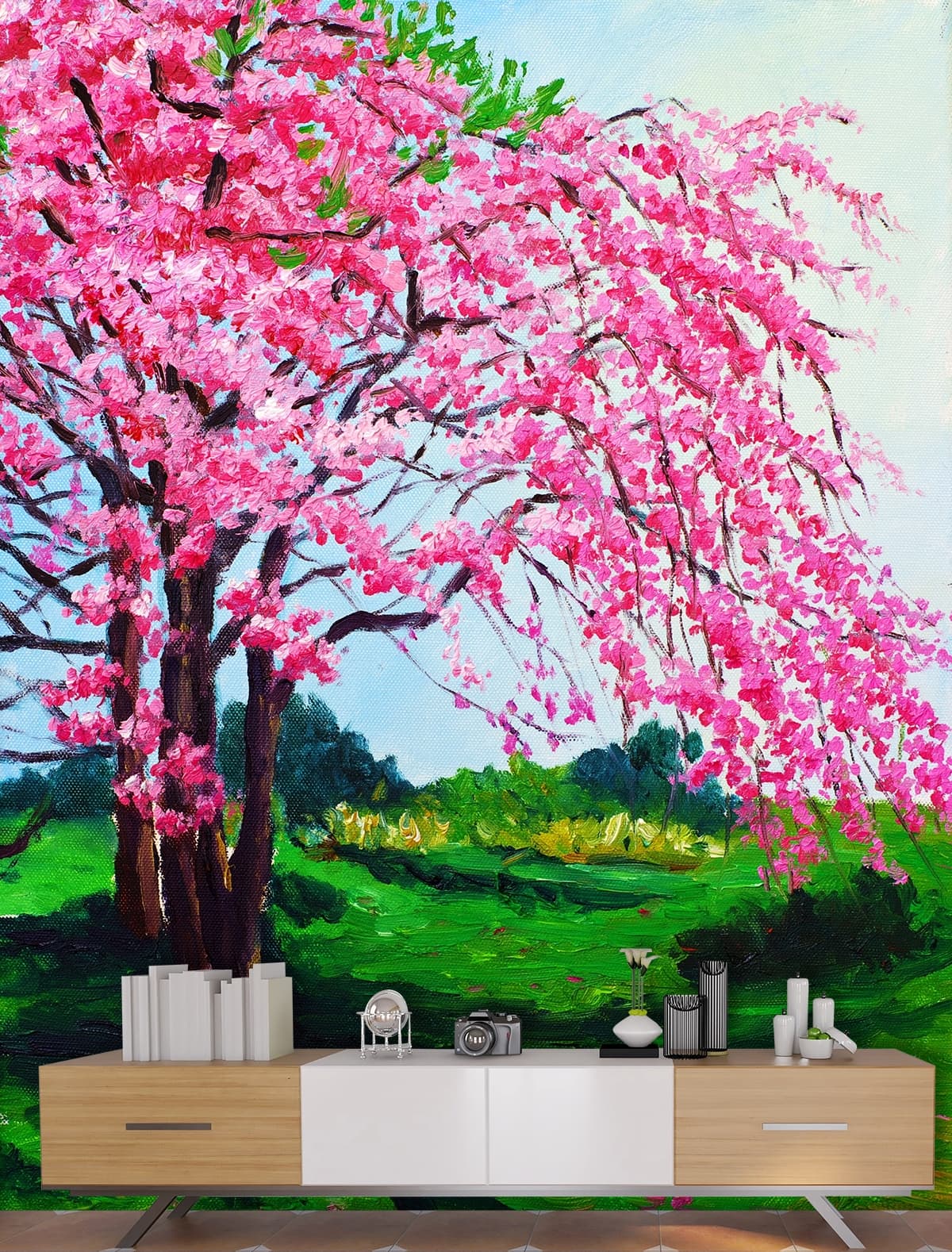 Tree with Pink Flowers Painting Scenic wallpaper shown in a room