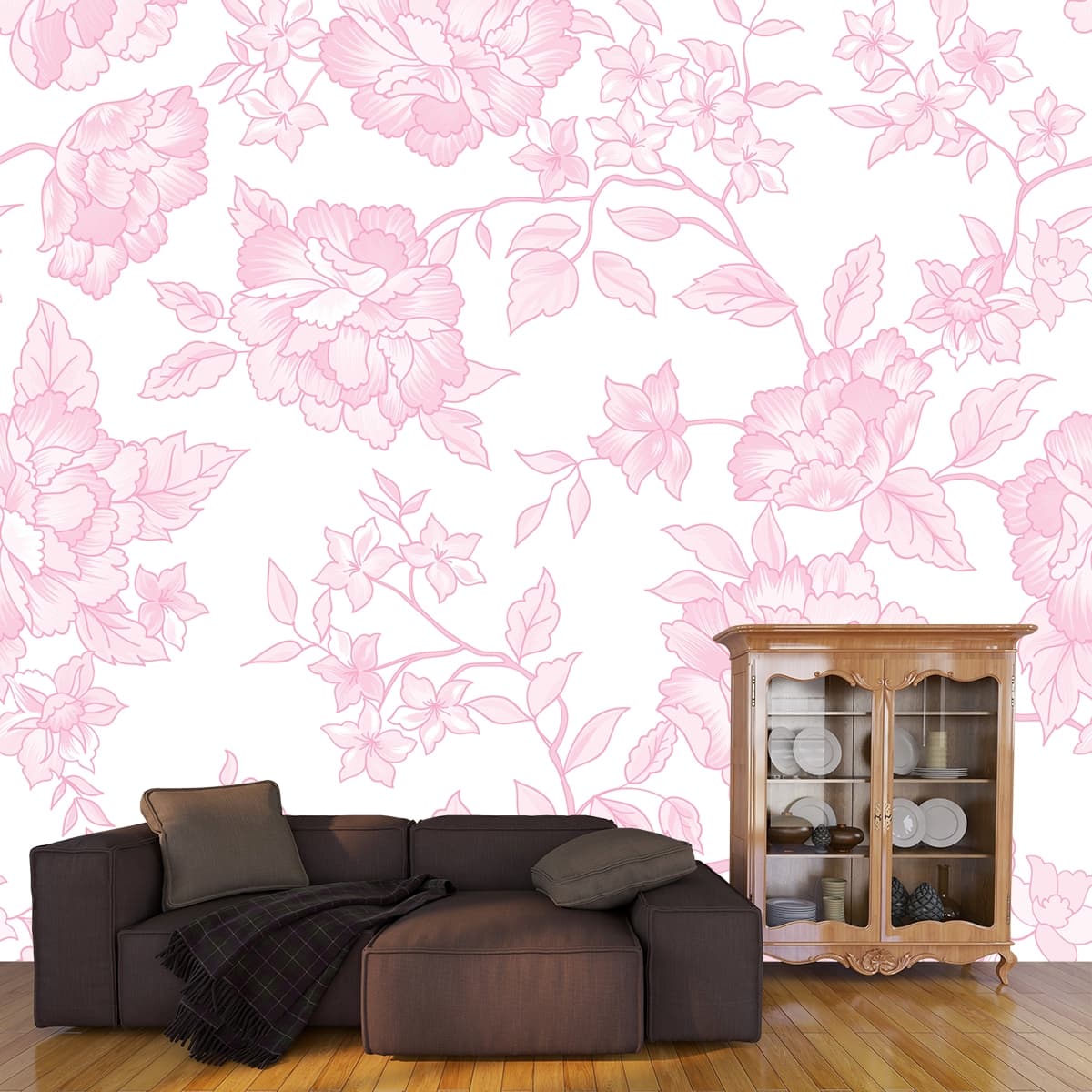 Beautiful Minimalist Pink Flowers on A White Background Wallpaper Mural shown in a room