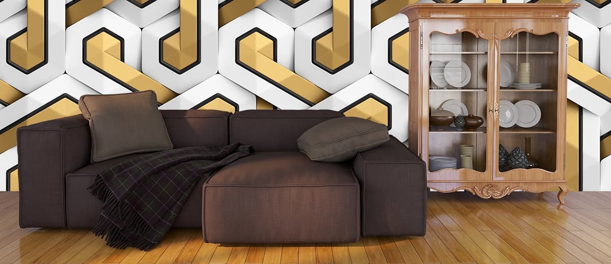 Luxury White Gold Hexagon Geometric Style Wallpaper shown in a room