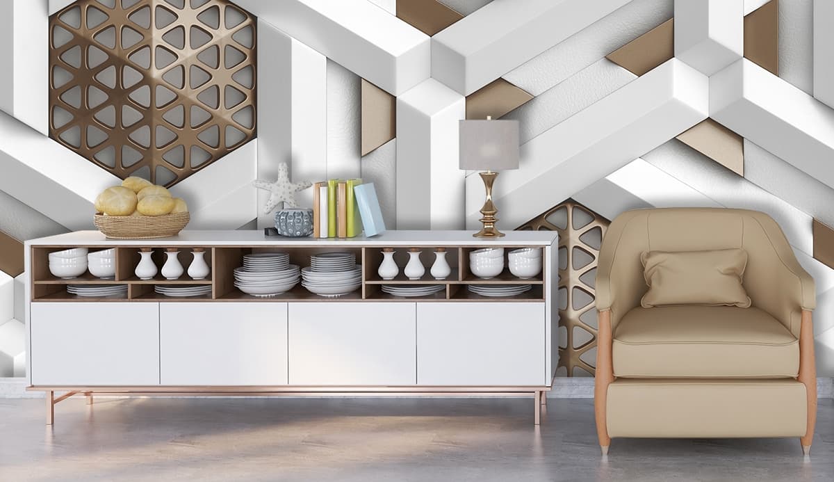 A white and gold geometrical design shown in a room
