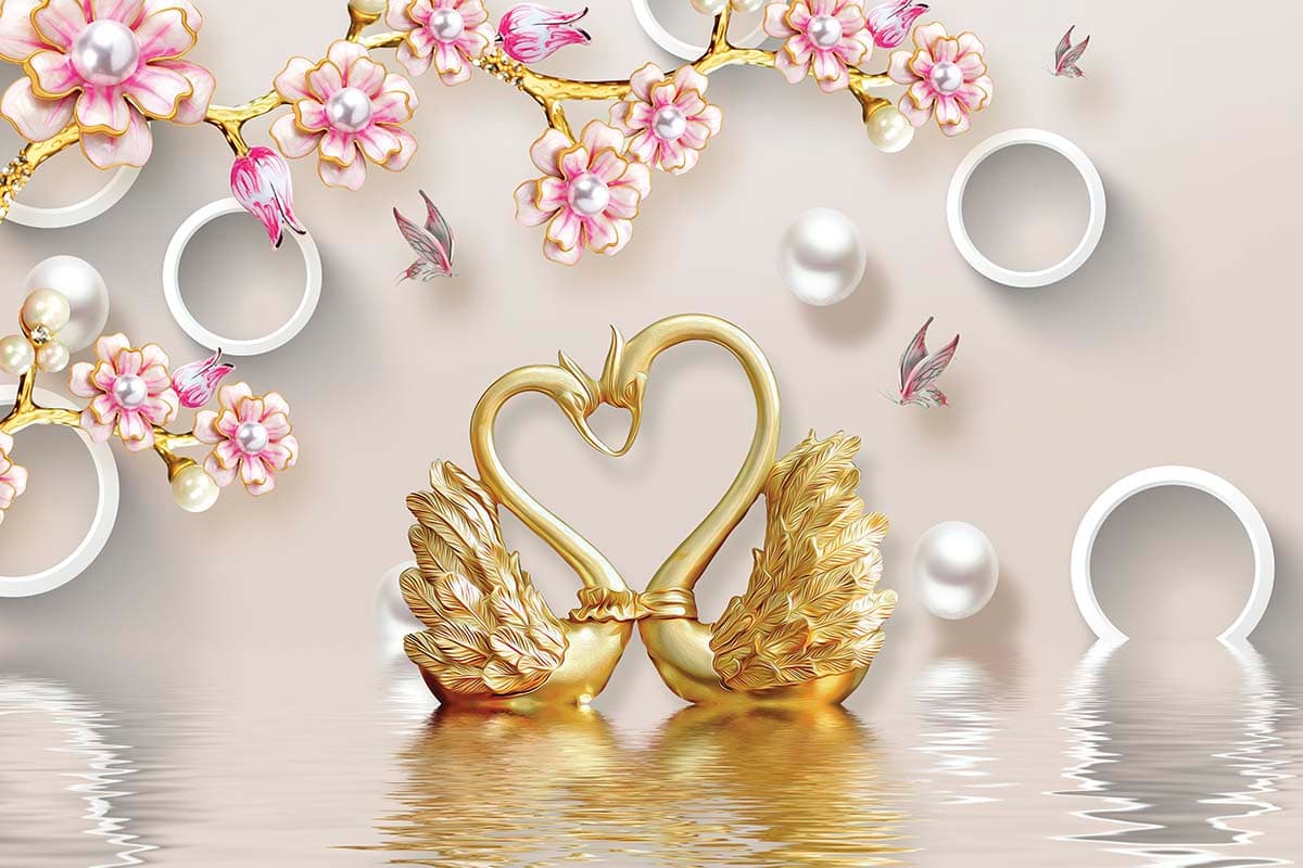 Gold Swans Heart Shape with Flowers Design wallpaper pattern detail