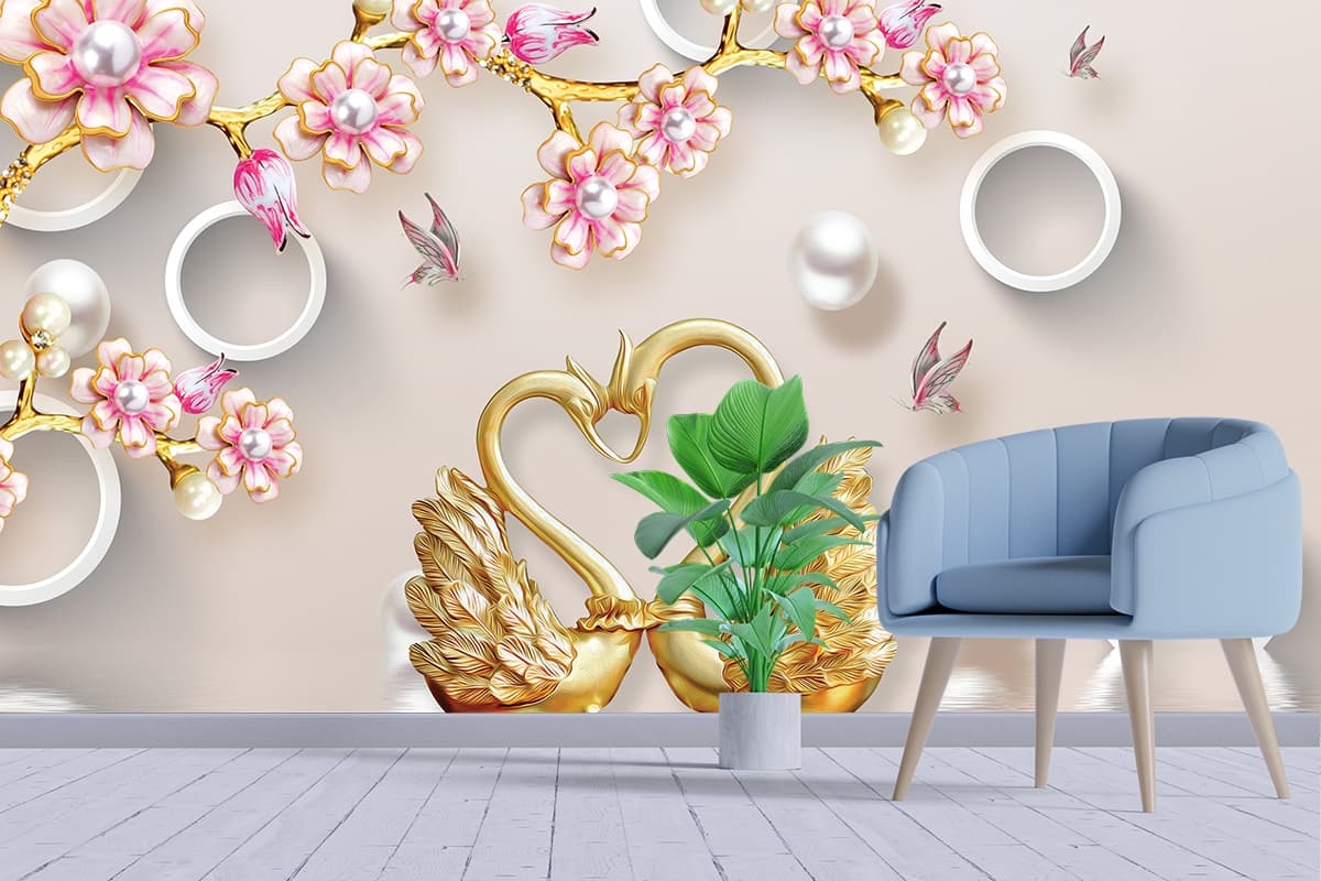 Gold Swans Heart Shape with Flowers Design wallpaper shown in a room