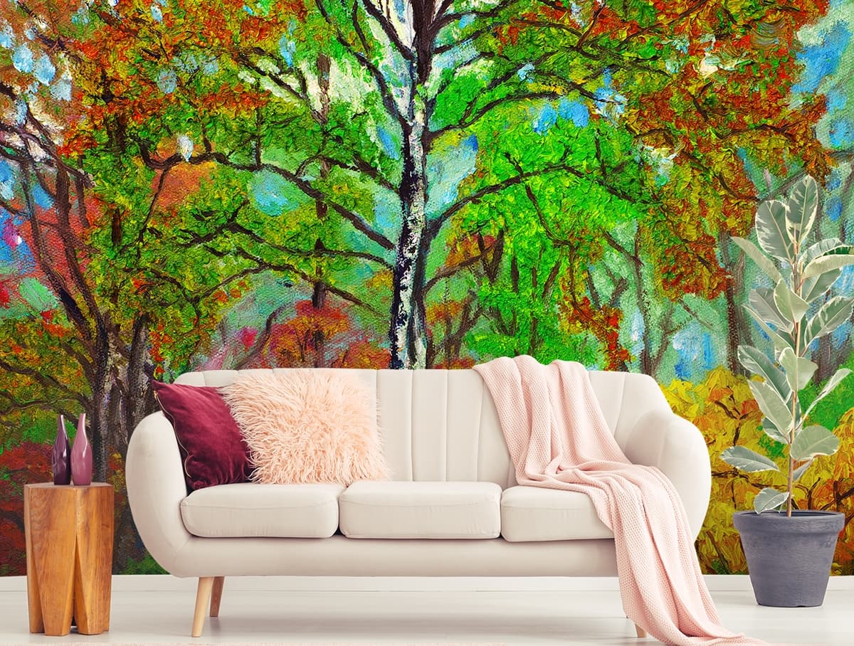 Trees with Multicolor Leaves Painting Nature wallpaper shown in a room