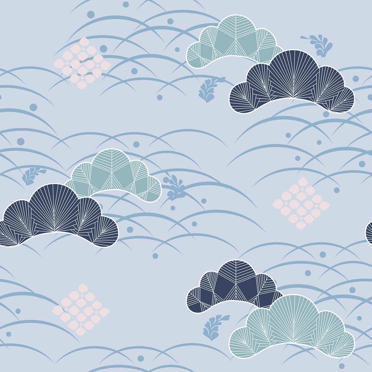 Blue and White Pattern with Blue and Pink Clouds Dreamy Wallpaper pattern detail