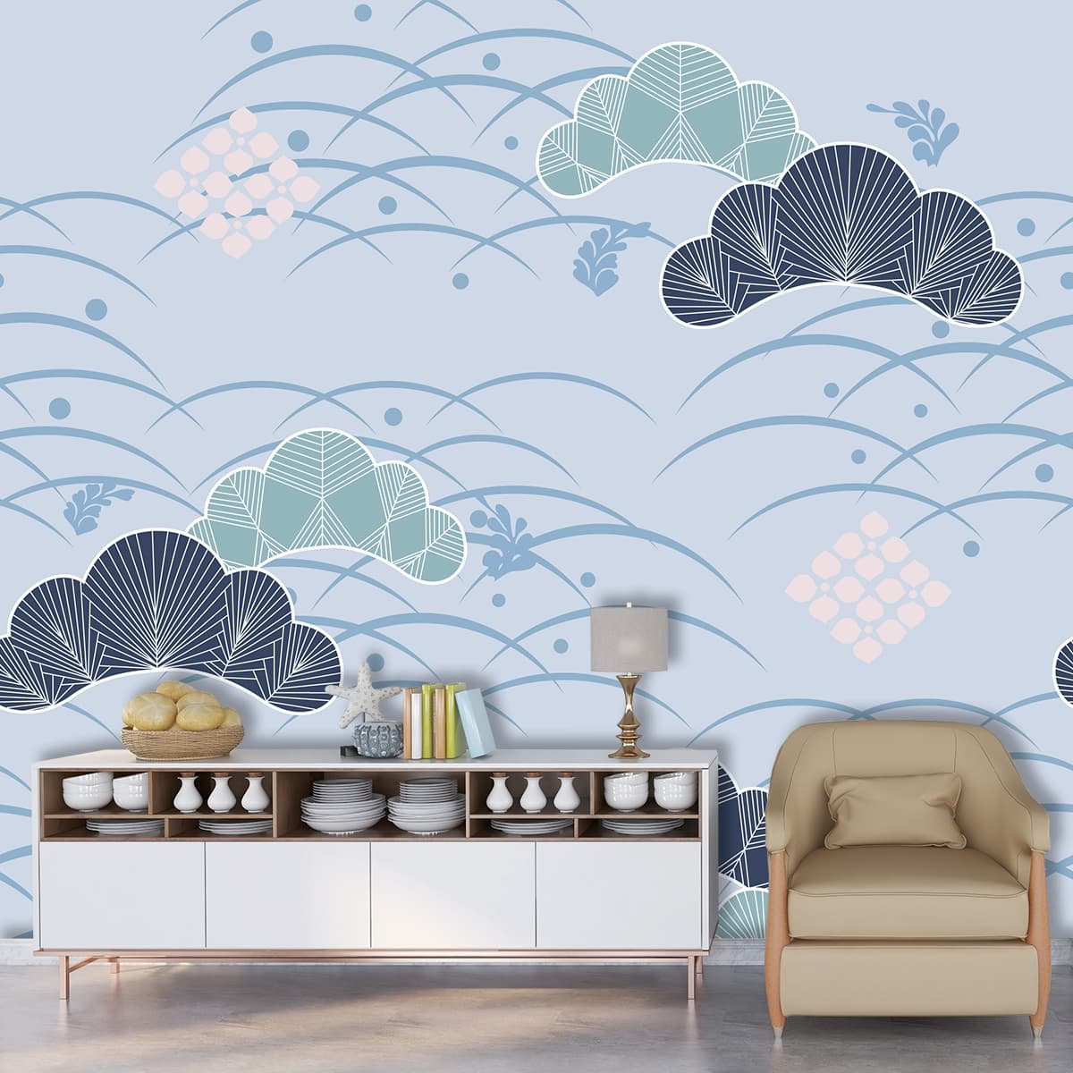 Blue and White Pattern with Blue and Pink Clouds Dreamy Wallpaper shown in a room
