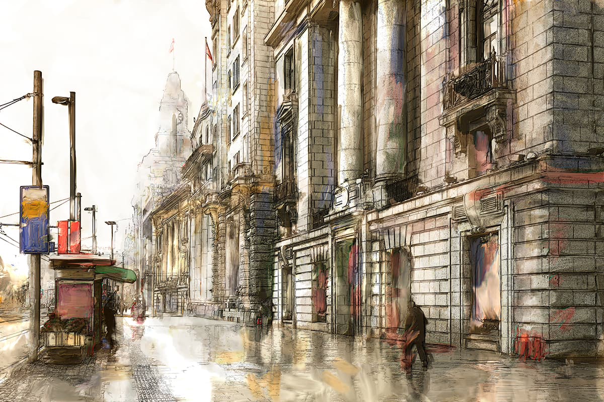 City Street with Buildings and People Walking Wallpaper pattern detail