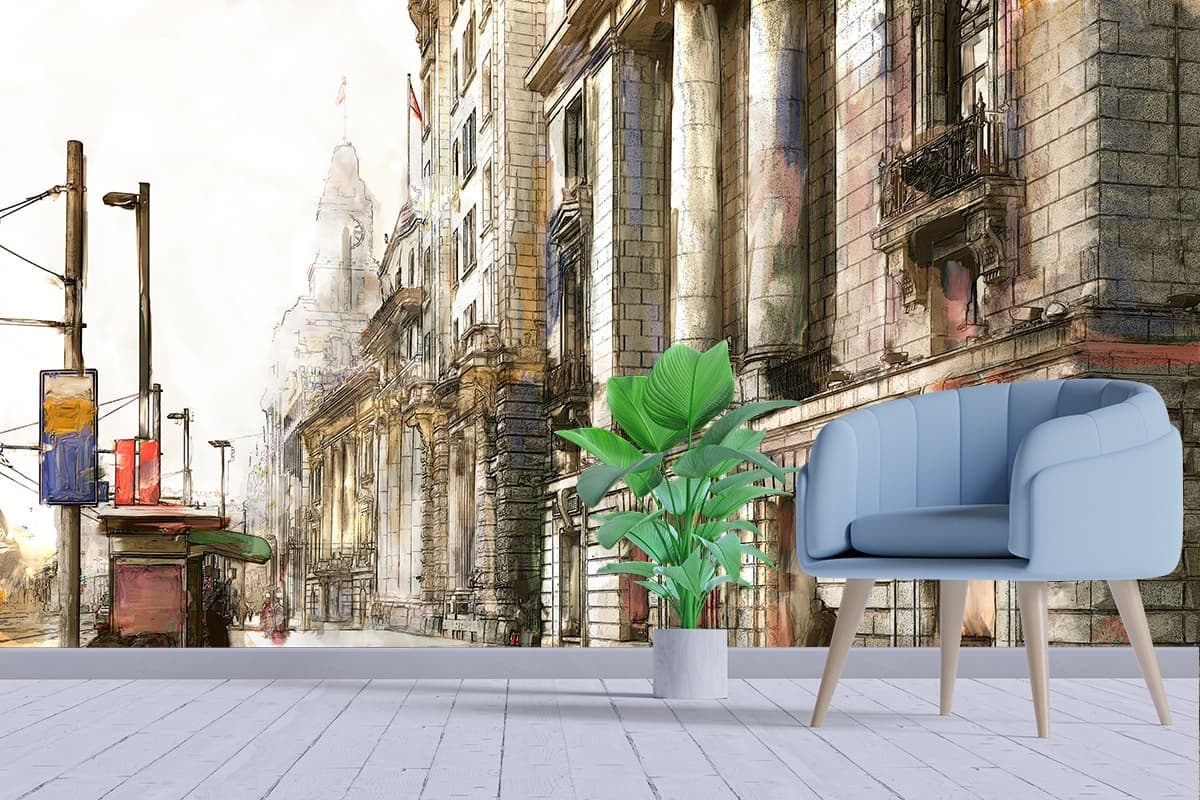 City Street with Buildings and People Walking Wallpaper shown in a room