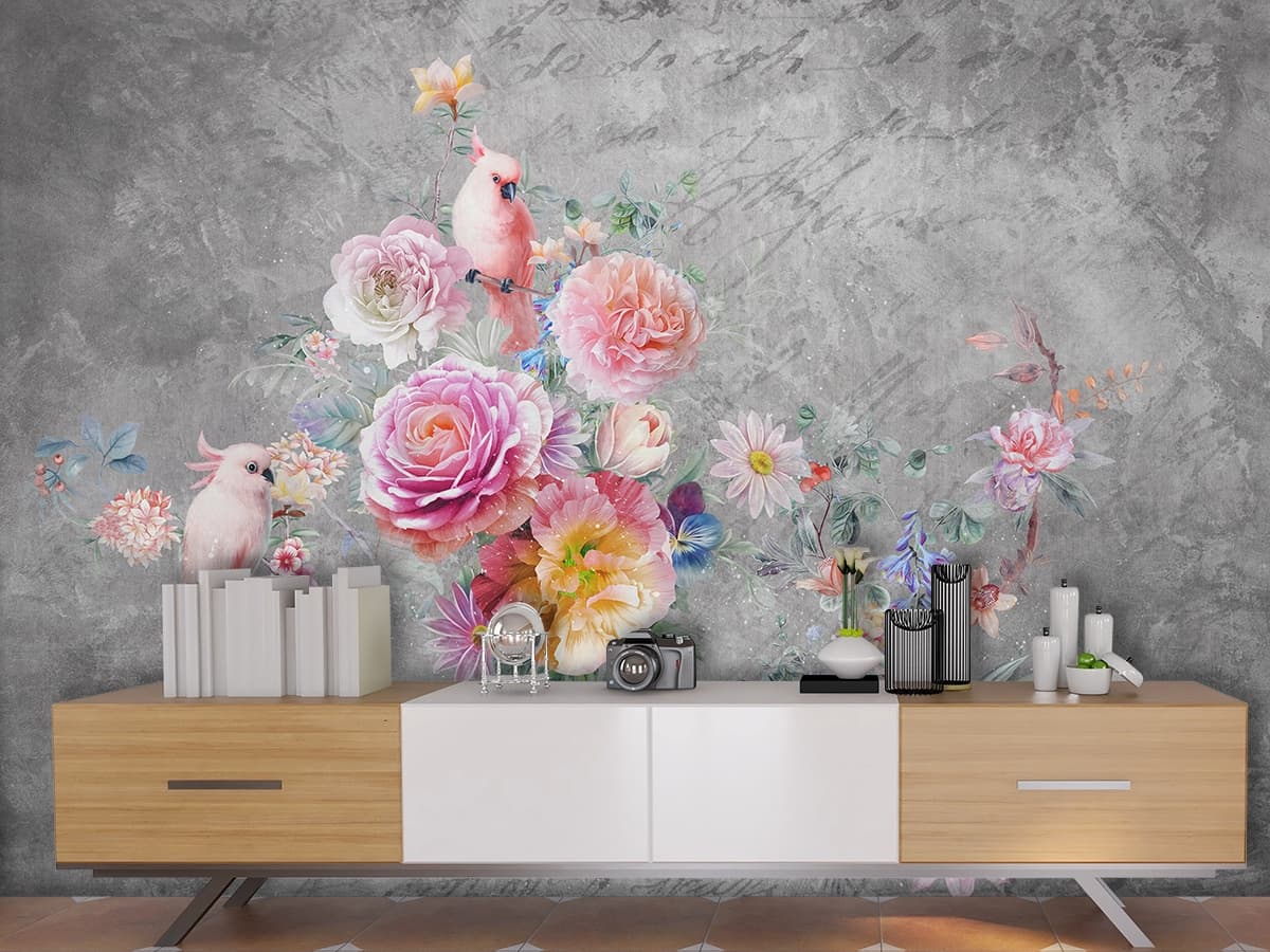 Premium Floral and Birds Designer Wall Wallpaper shown in a room