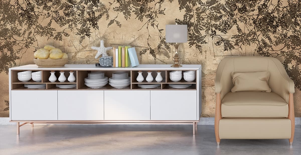 Nature Leaves on Brick Wall Design wallpaper shown in a room