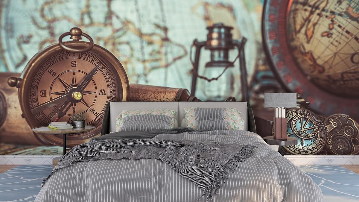 Luxury Vintage Compass and Map Travel Wall Wallpaper shown in a room