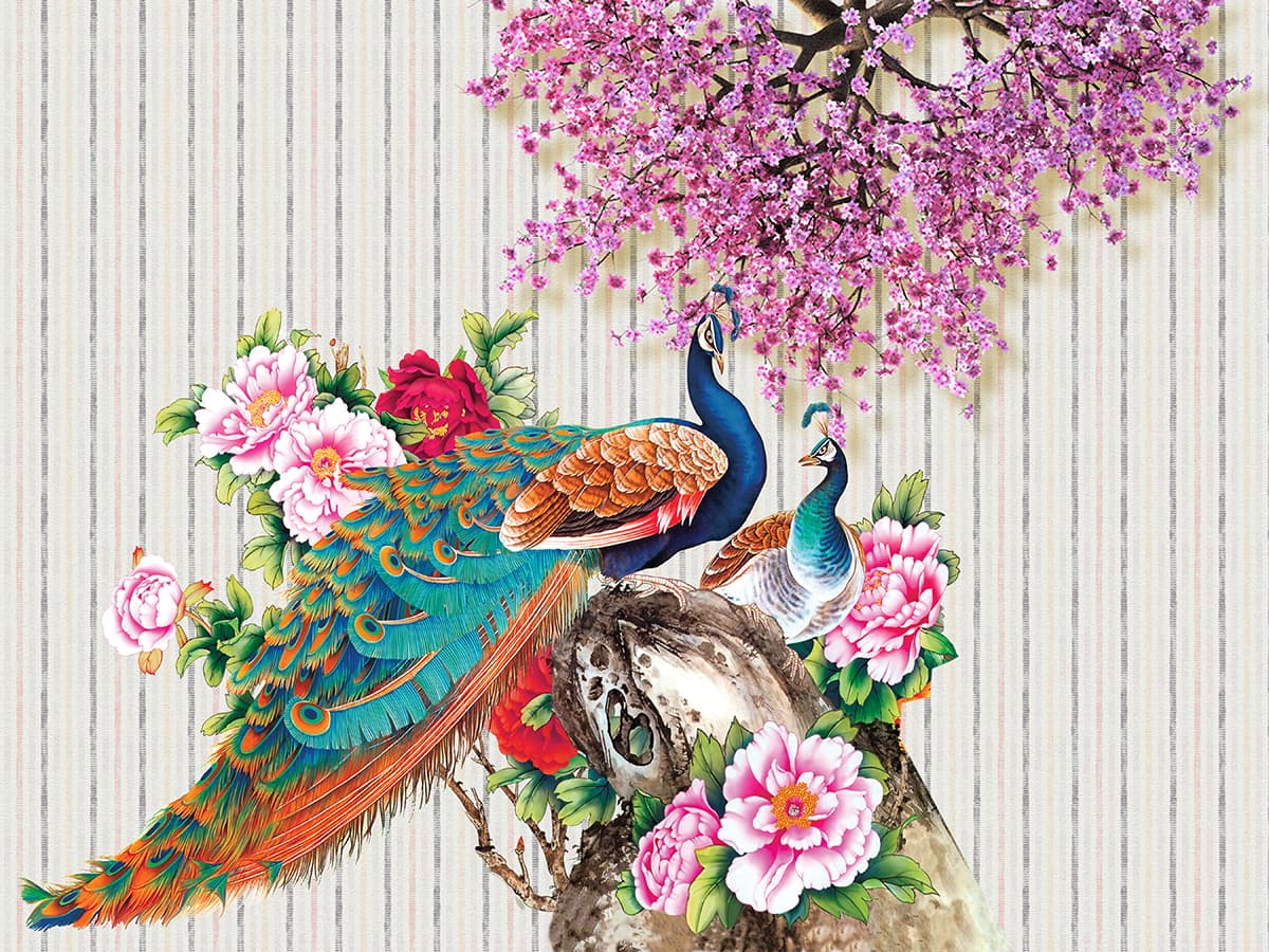 Peacocks and flowers wallpaper pattern detail