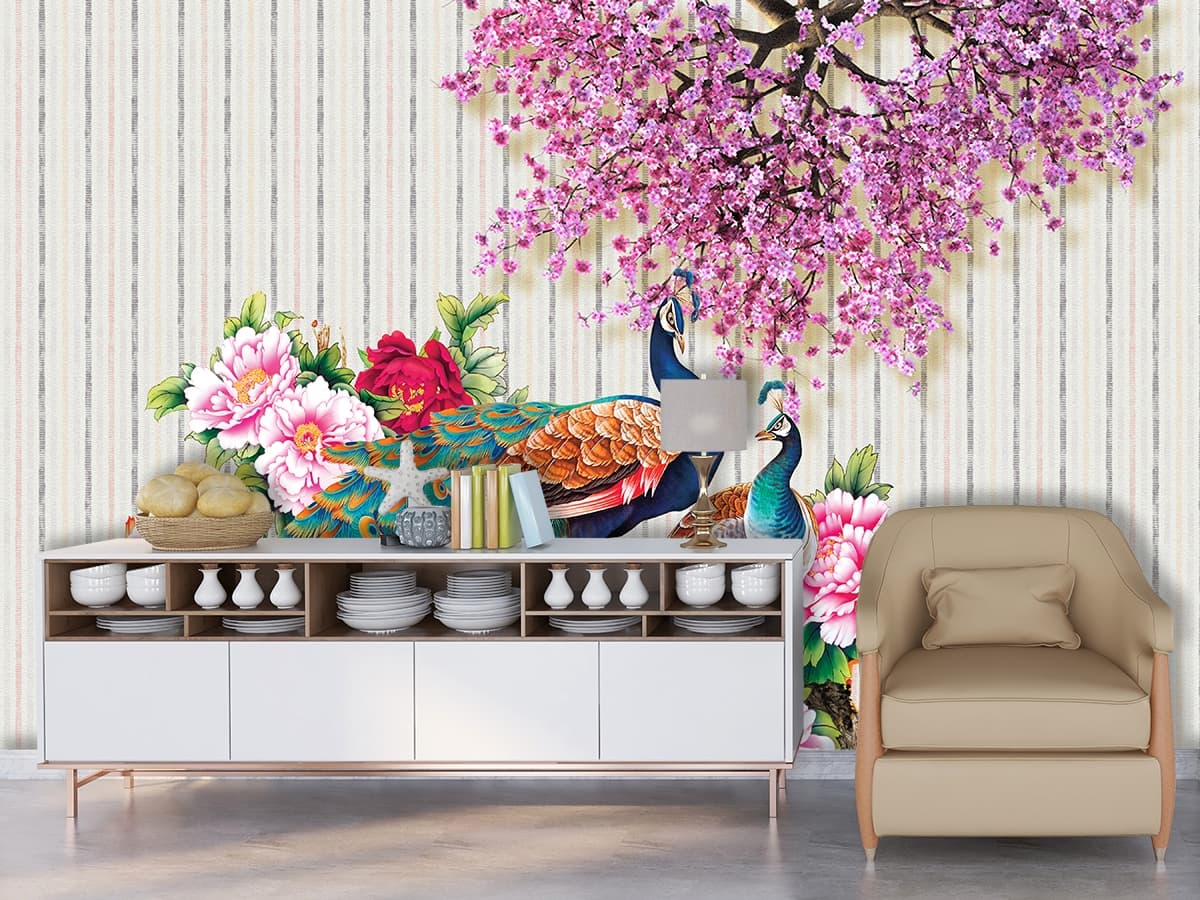 Peacocks and flowers wallpaper shown in a room