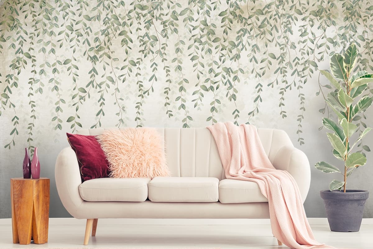 Beautiful Vine with Leaves Decorative Wallpaper shown in a room