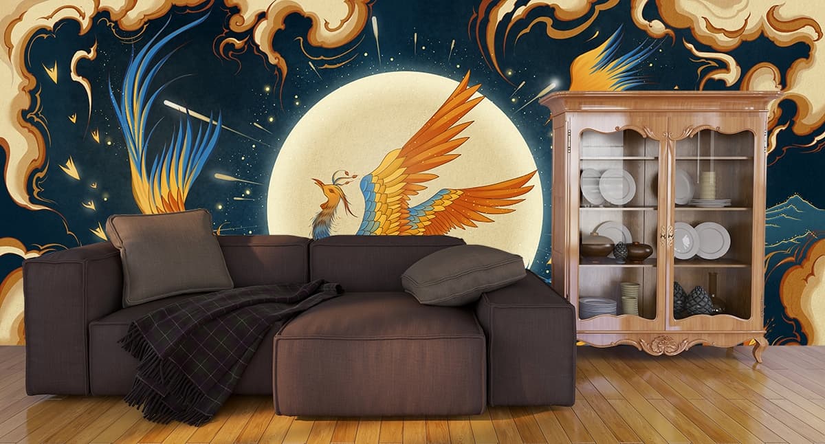 Freedom flight of bird gliding through blue sky wallpaper shown in a room
