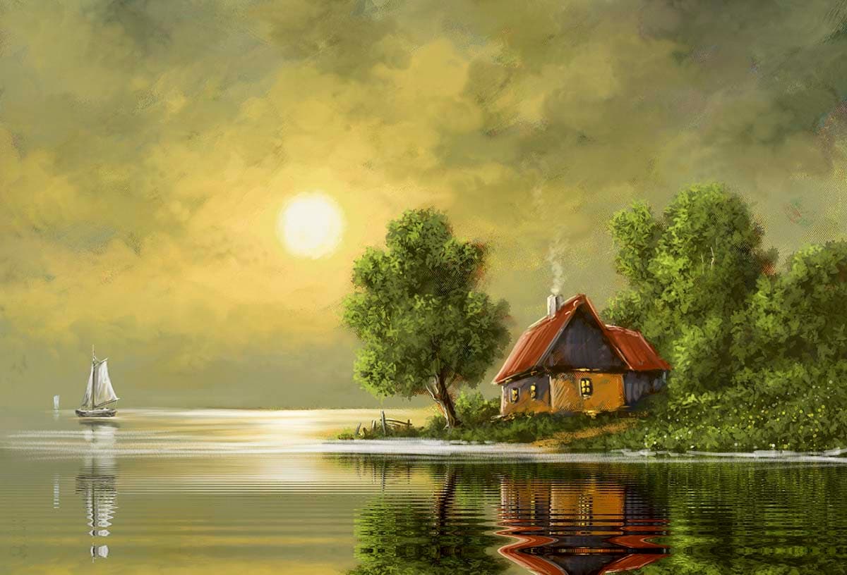 A house on a small island by water pattern detail