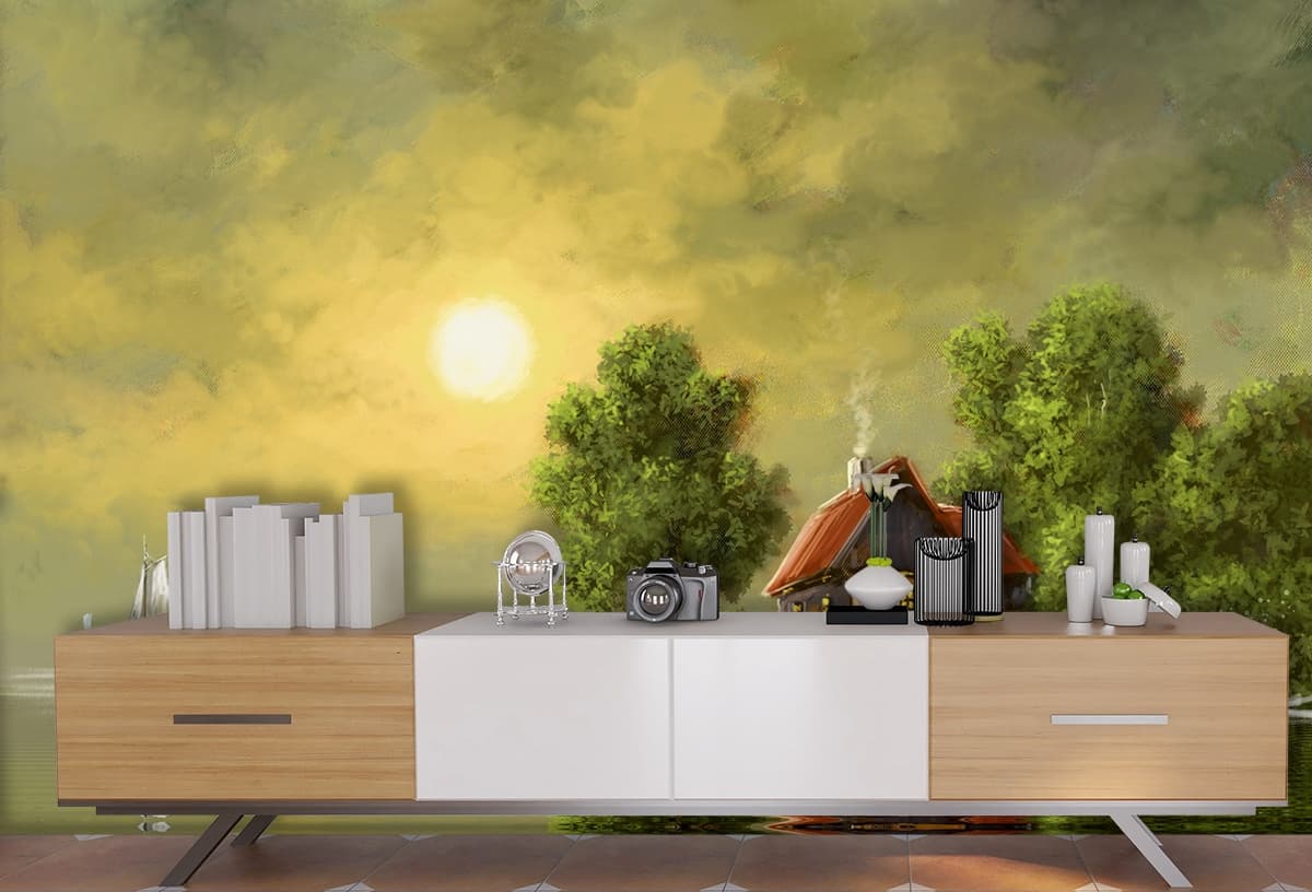 A house on a small island by water shown in a room