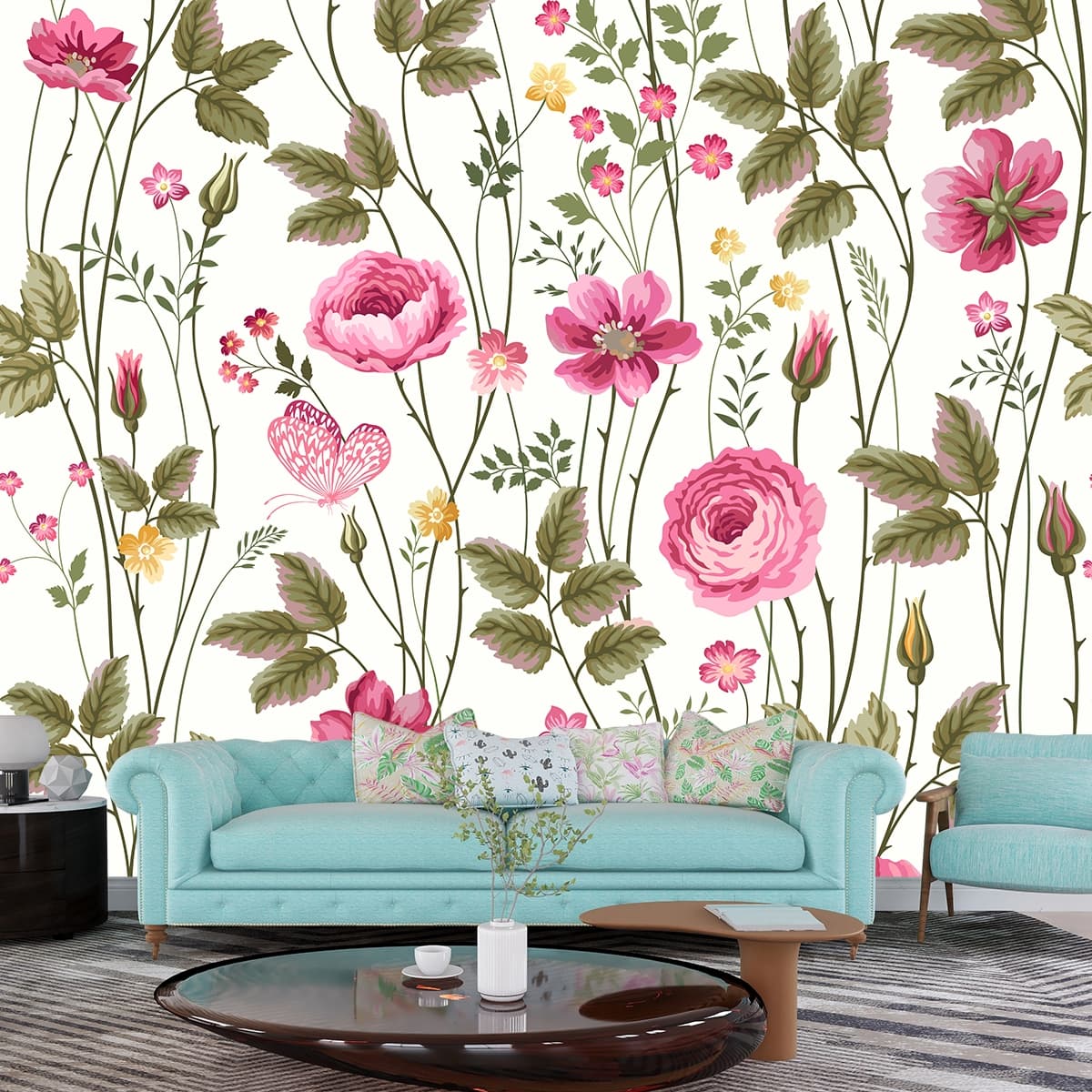 A Wallpaper for Wall with Colorful Flowers and Leaves shown in a room