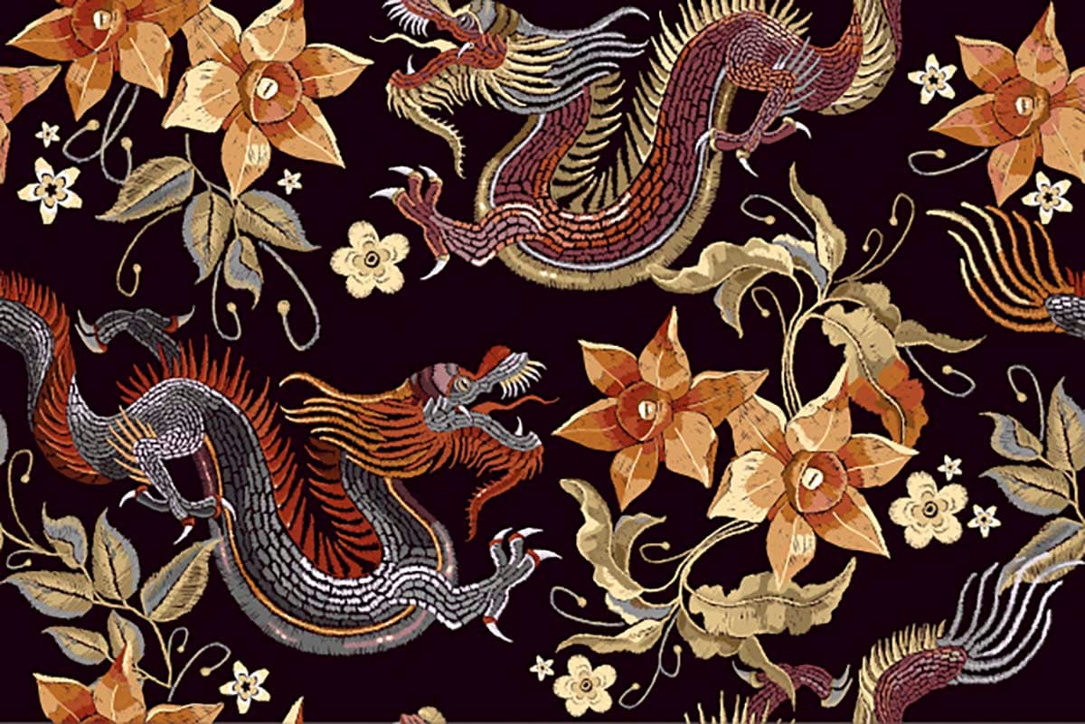A pattern of dragons and flowers pattern detail
