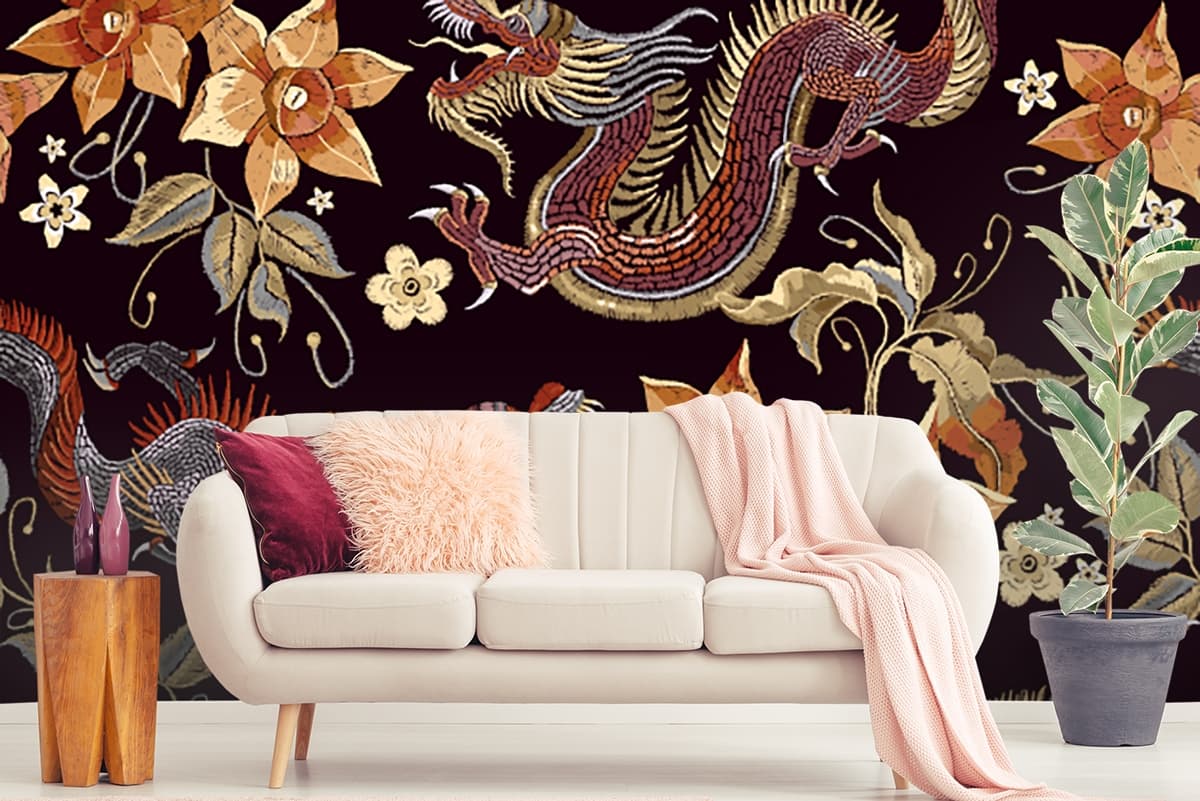 A pattern of dragons and flowers shown in a room