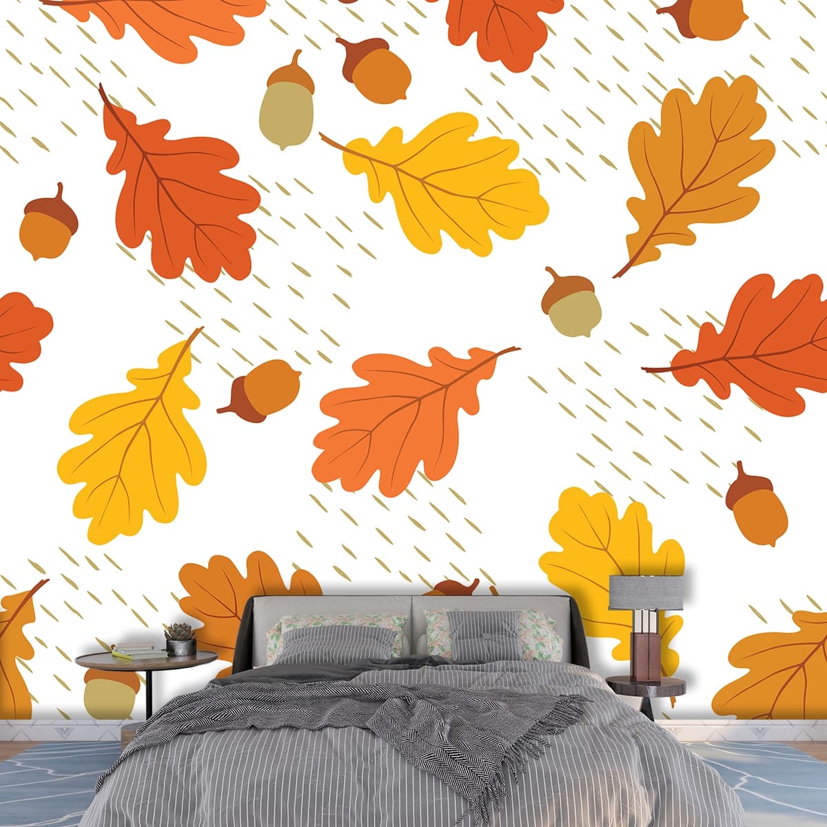 Leaves and Acorns Nature Inspired Wallpaper shown in a room