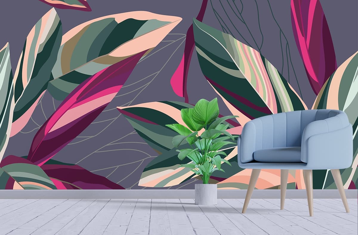 Colorful Leaves Pattern on Purple Background wallpaper shown in a room