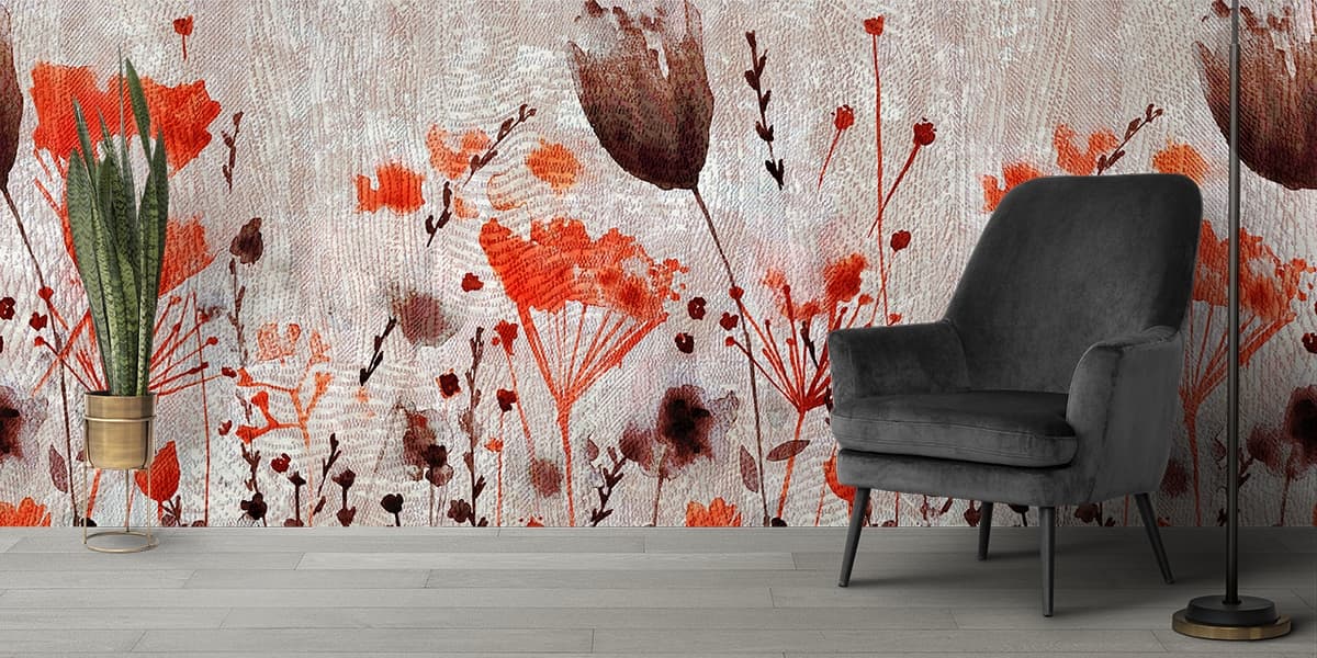 Beautiful Painting of Flowers and Leaves Mural shown in a room