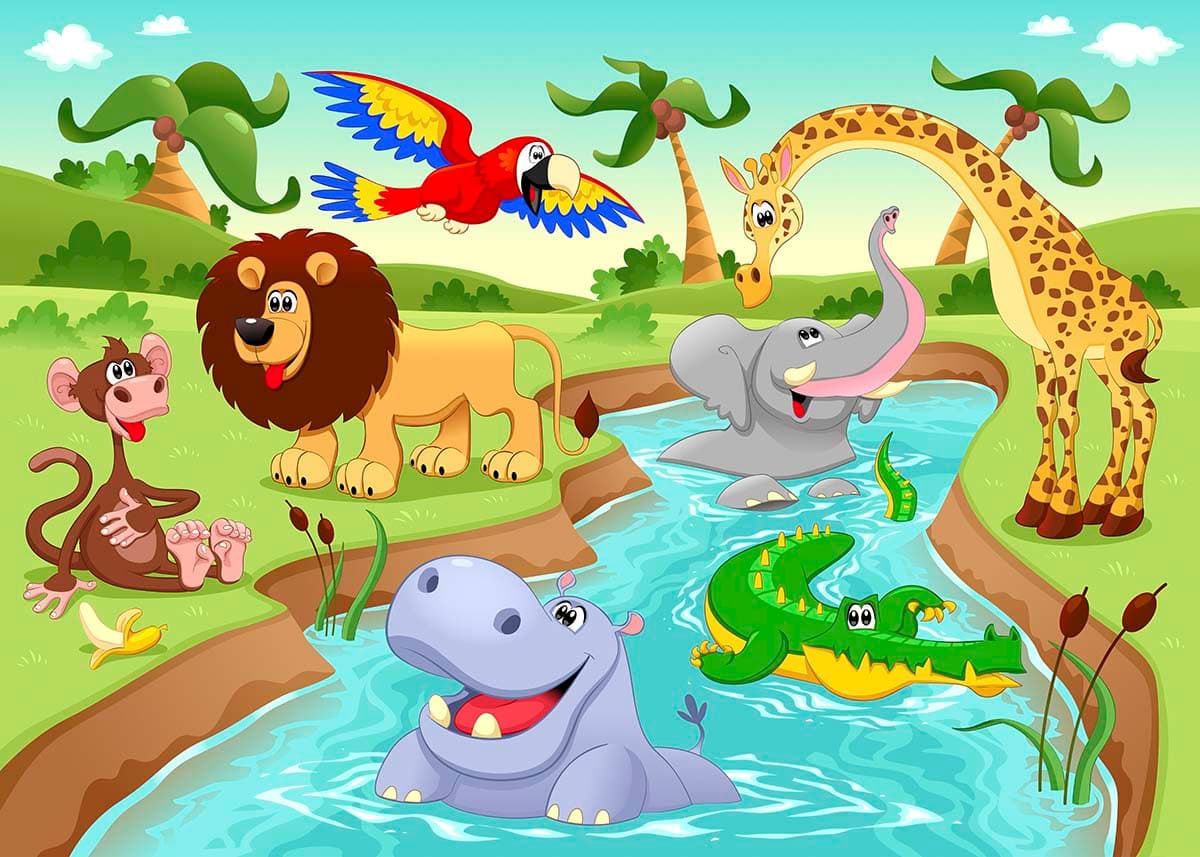 Animals Playing in Pond Kids Wallpaper pattern detail