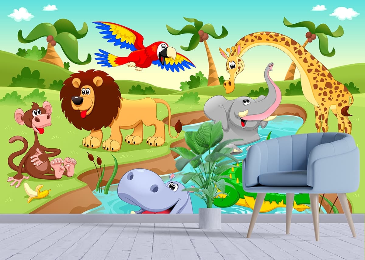 Animals Playing in Pond Kids Wallpaper shown in a room