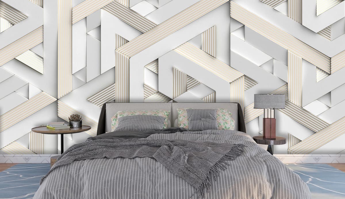 Premium White and Gold Geometric Stripe Wallpaper shown in a room