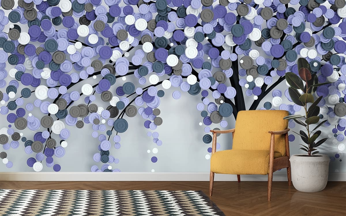 Artistic Tree with Multiple Circles Abstract Wall Decor Wallpaper shown in a room