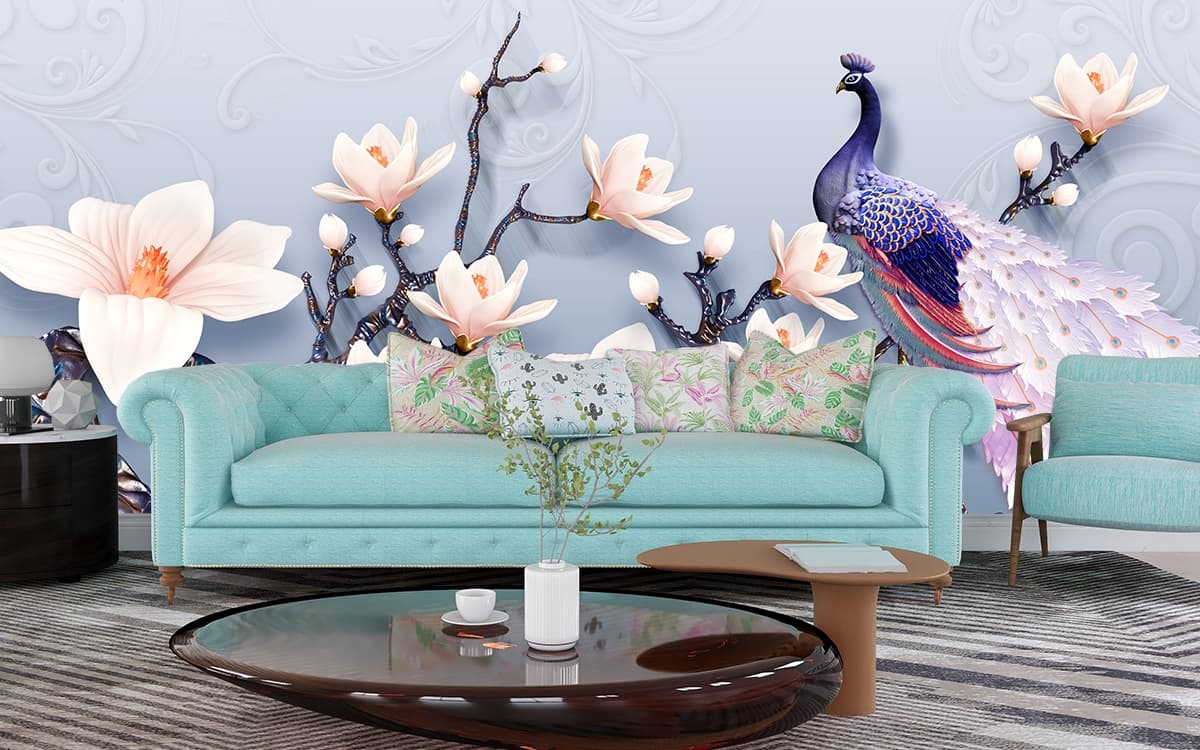 Luxury Peacock and White Floral Design Wallpaper shown in a room