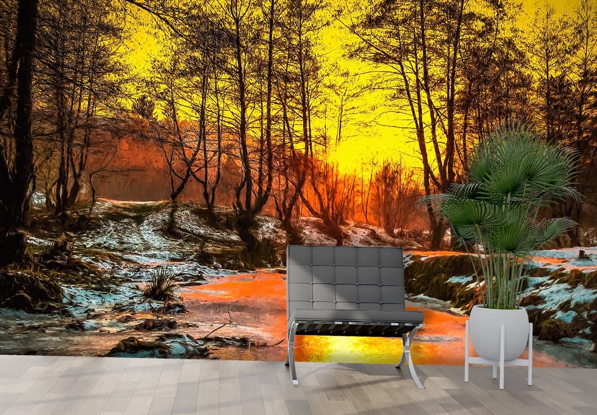 Luxury Snow Mountain River with Forest Wallpaper shown in a room