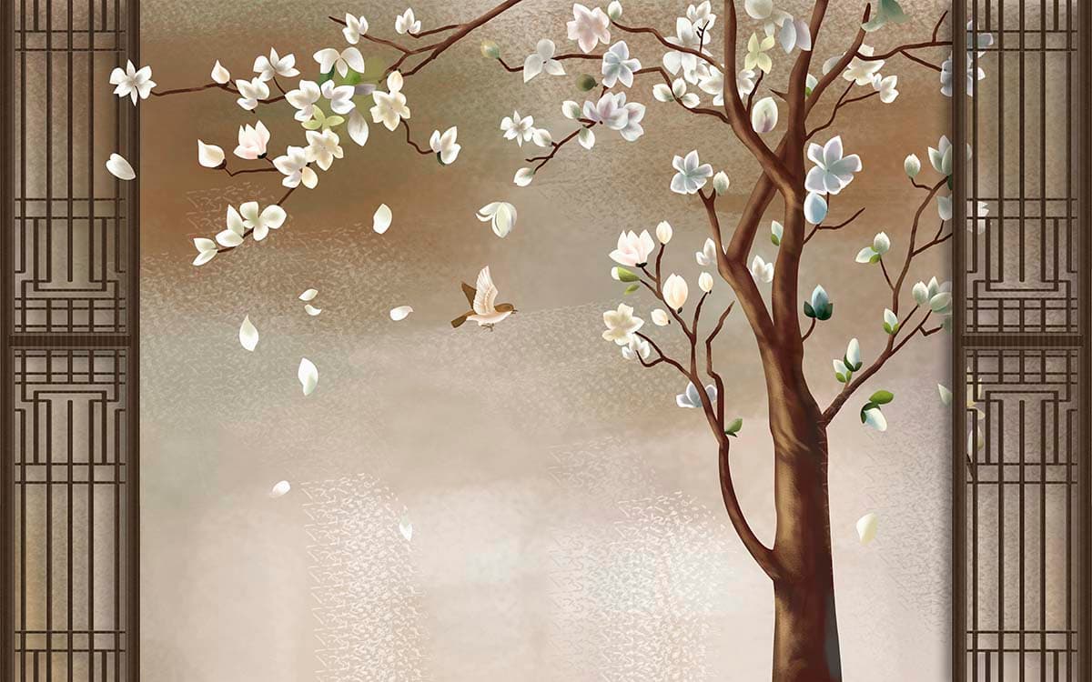 White Blossom Tree with Flying Bird Aesthetic Wallpaper pattern detail
