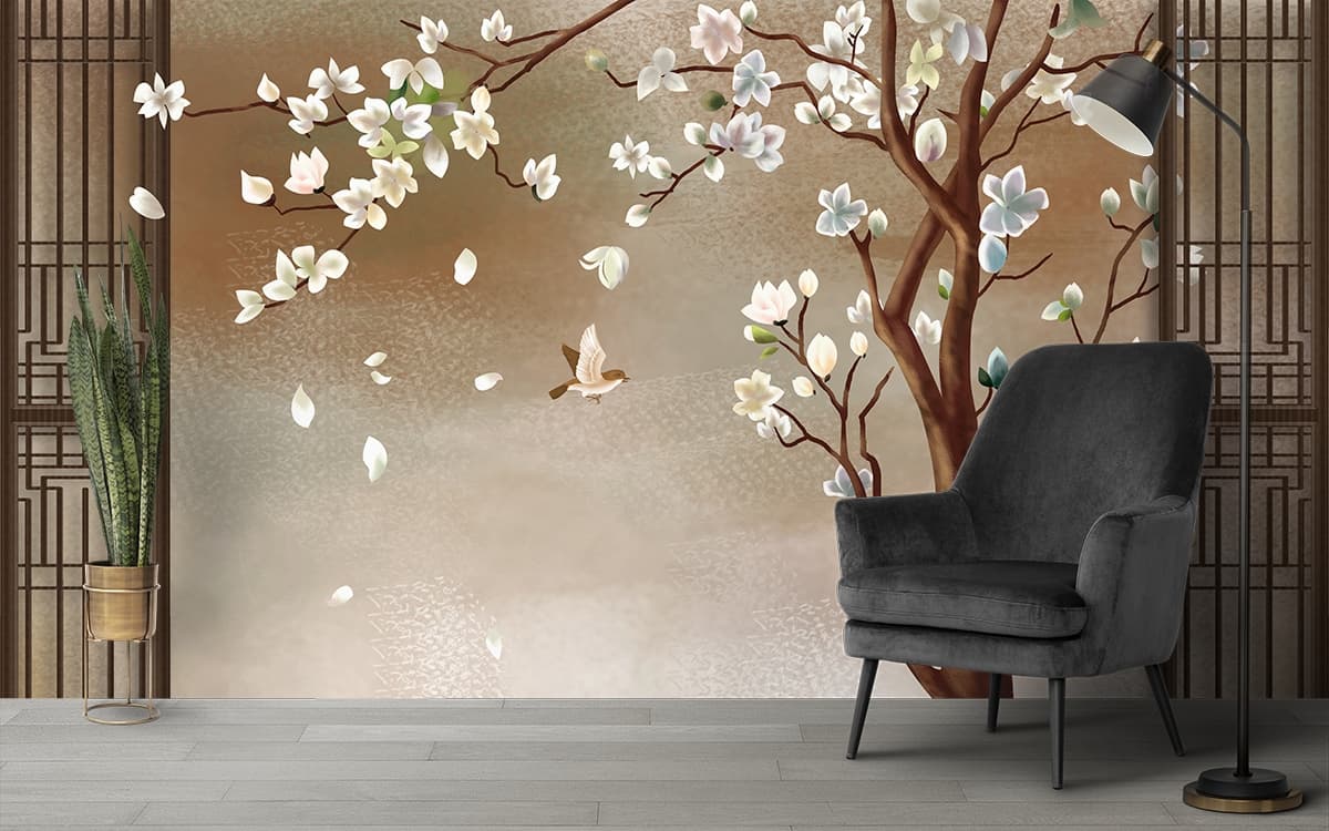 White Blossom Tree with Flying Bird Aesthetic Wallpaper shown in a room