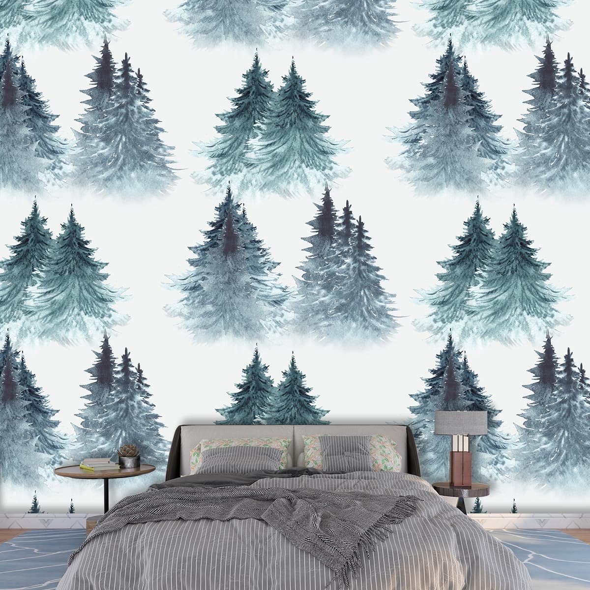 A pattern of trees on a white background shown in a room