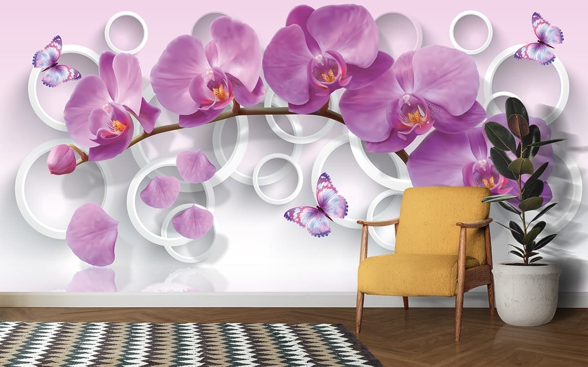 Elegant Purple Orchids and Butterfly Design Wallpaper shown in a room