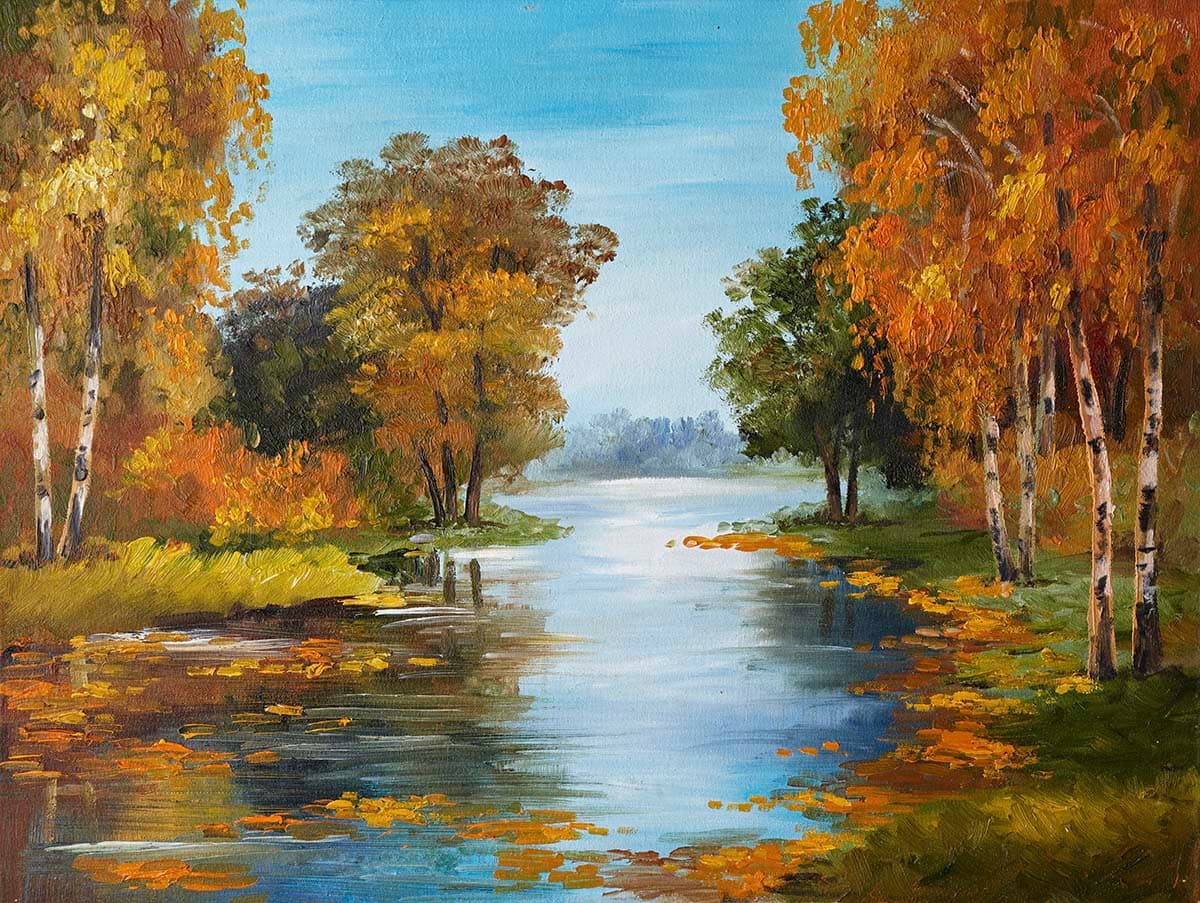 River Painting with Trees and Grass Wall Mural Wallpaper pattern detail